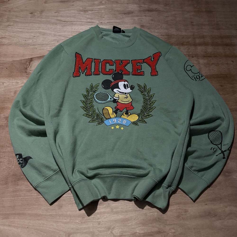 Disney Mickey Mouse Tennis Crewneck Sweatshirt Green Embroidered Medium